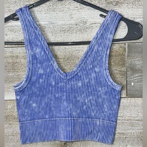 Zenana Washed Ribbed Seamless Bra Padded V-neck Tank Top